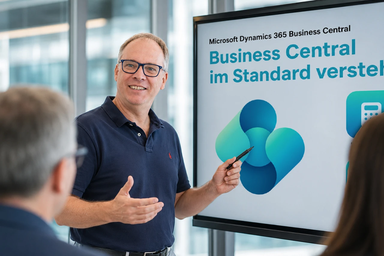 Christian Sega erklärt Business Central im Standard anhand einer Präsentation zu Buchhaltung, Einkauf, Verkauf und Lager.