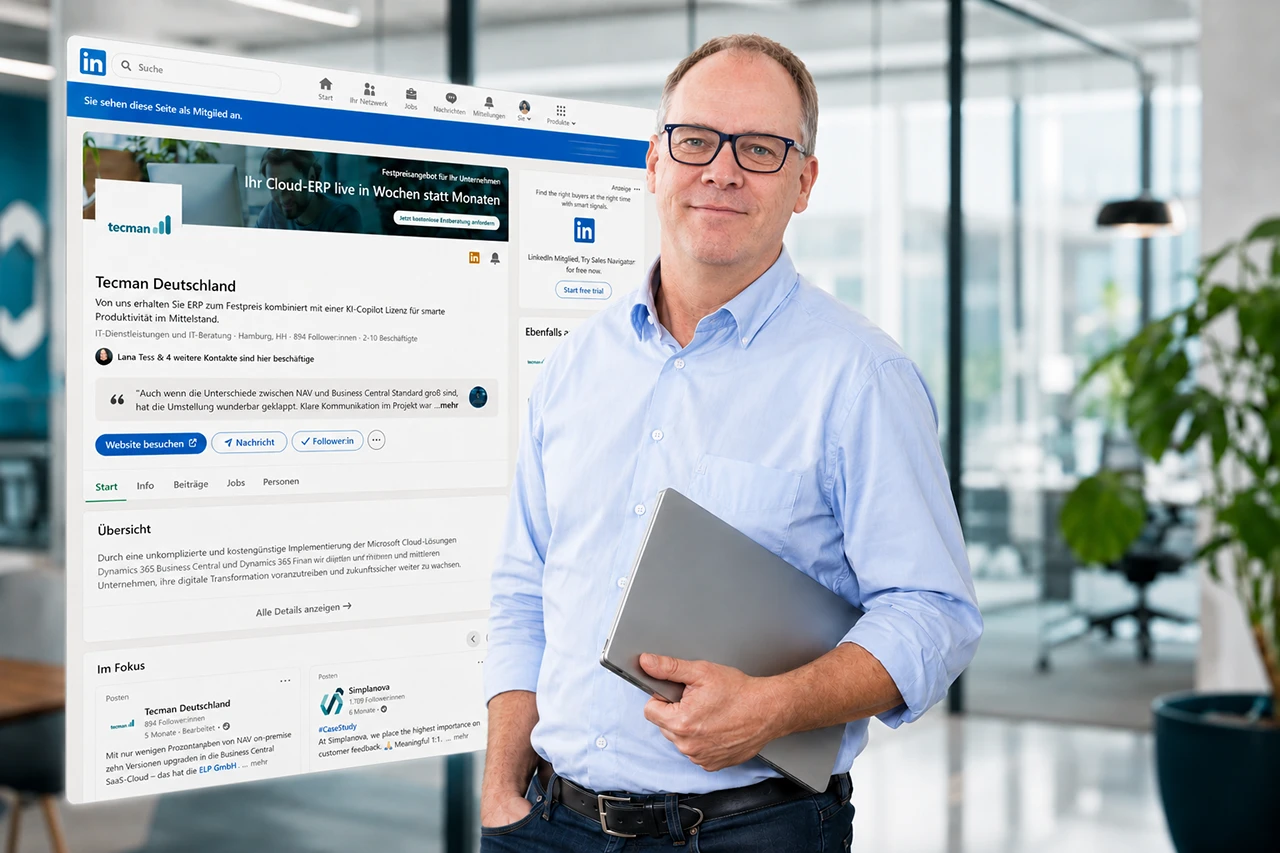 Geschäftsführer Christian Sega vor dem LinkedIn-Profil von Tecman Deutschland als Symbol für B2B-Netzwerken und digitale Kundenkontakte